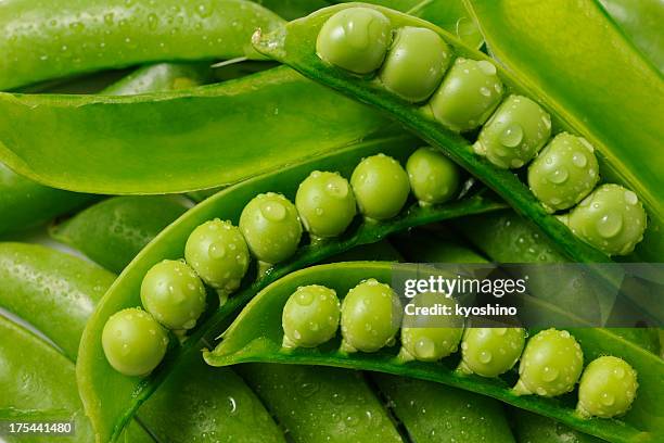 stacked opened fresh green peas with water droplets - peas stockfoto's en -beelden