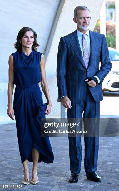 Queen Letizia of Spain and King Felipe VI of Spain arrive at an institutional act of recognition to professionals and volunteers who participated in...