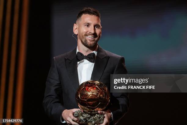 Inter Miami CF's Argentine forward Lionel Messi receives his 8th Ballon d'Or award during the 2023 Ballon d'Or France Football award ceremony at the...