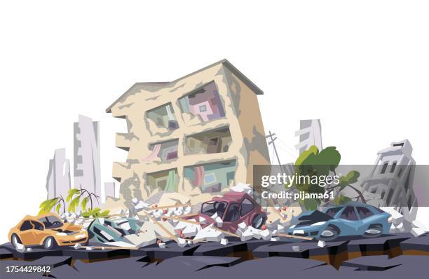 naturkatastrophen oder erdbeben und zerstörung von häusern - zerstörte stadt stock-grafiken, -clipart, -cartoons und -symbole