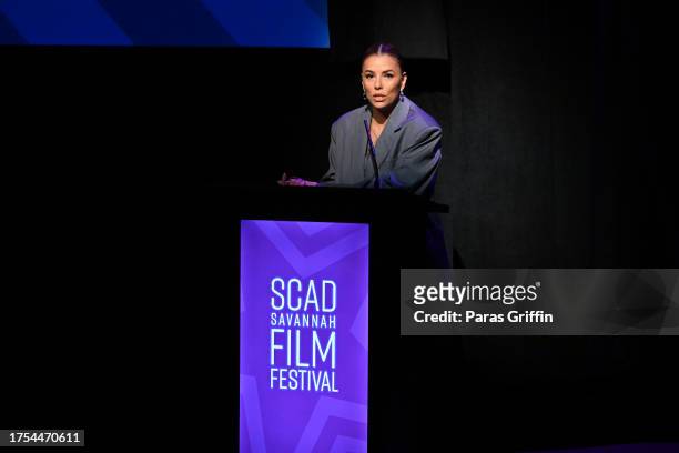 Eva Longoria speaks onstage during the 26th SCAD Savannah Film Festival at SCAD Museum of Art on October 24, 2023 in Savannah, Georgia.