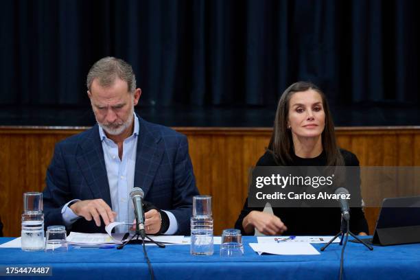 King Felipe VI of Spain and Queen Letizia of Spain attend a meeting with representatives of the sectors affected by the fire at the Arafo Cultural...