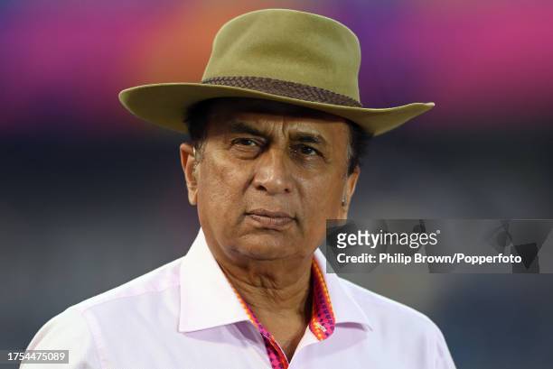 Sunil Gavaskar working for Star Sports during the ICC Men's Cricket World Cup India 2023 match between South Africa and Bangladesh at Wankhede...