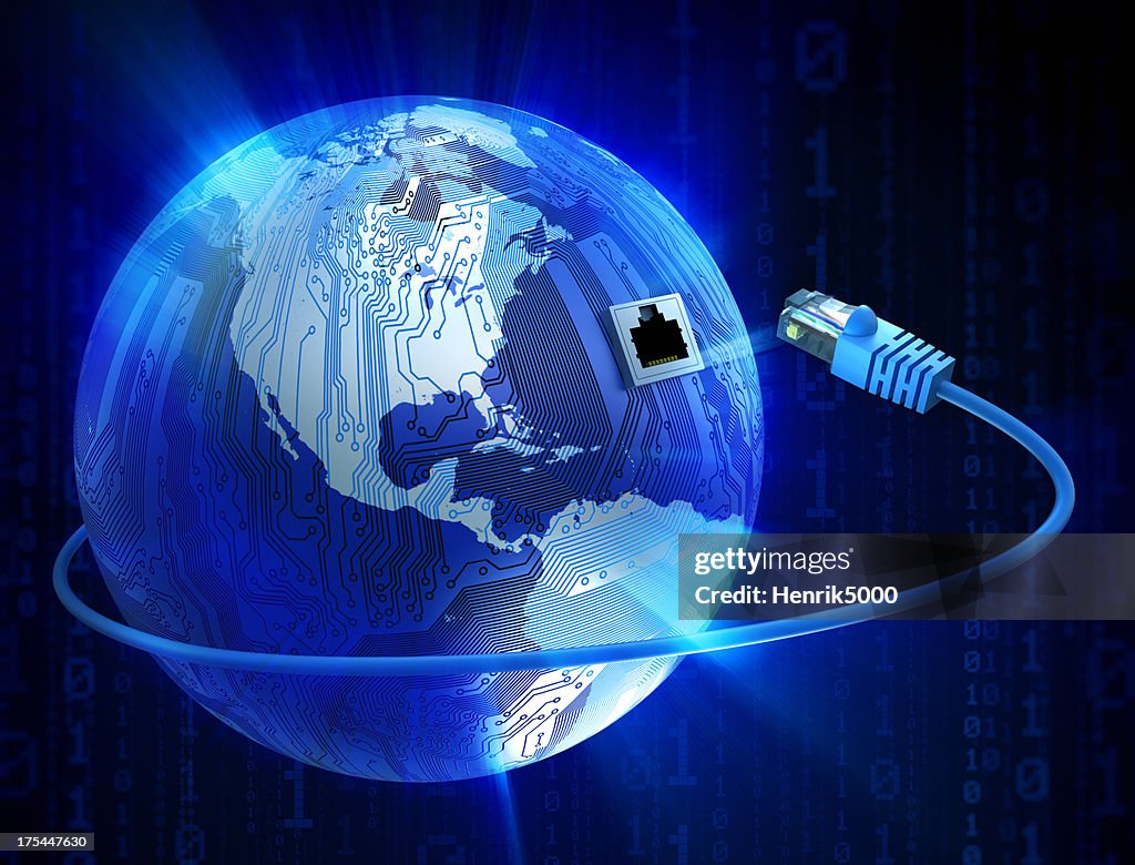 Conectado mundo conceito: Terra com circuitos e cabo ethernet