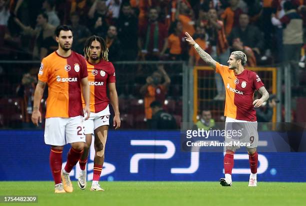 Mauro Icardi of Galatasaray celebrates after scoring the team's first goal during the UEFA Champions League match between Galatasaray A.S. And FC...