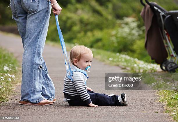 cute 18 month old boy on footpath - safety harness stockfoto's en -beelden