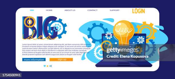 große idee im flachen stil. brennende glühbirne mit zahnrädern und laptop auf weißem hintergrund. kreative webseite mit textbereich. - big idea stock-grafiken, -clipart, -cartoons und -symbole