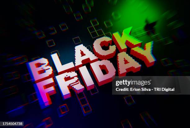 pixelated black friday lettering with glitch effect and super colorful cybernetic design - black friday bildbanksfoton och bilder
