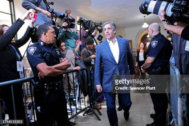 Former President Donald Trump's former lawyer Michael Cohen leaves Trump's civil fraud trial at New York State Supreme Court on October 24, 2023 in...