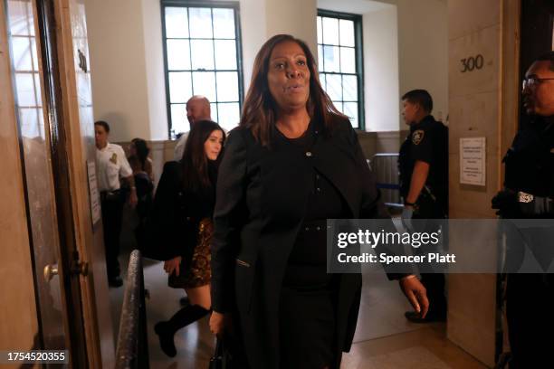 New York Attorney General Letitia James arrives at former President Donald Trump's civil fraud trial at New York State Supreme Court on October 24,...