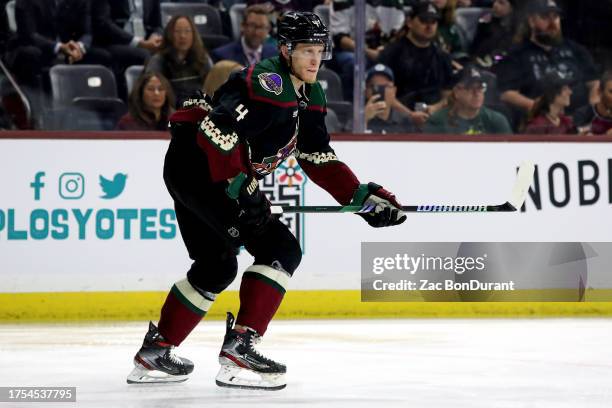 Juuso Valimaki of the Arizona Coyotes skates against the Anaheim Ducks at Mullett Arena on October 21, 2023 in Tempe, Arizona.