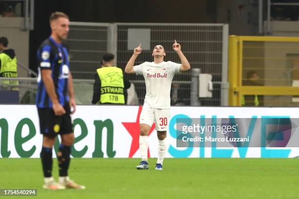 Oscar Gloukh of FC Salzburg celebrates after scoring the team's first goal during the UEFA Champions League match between FC Internazionale and FC...