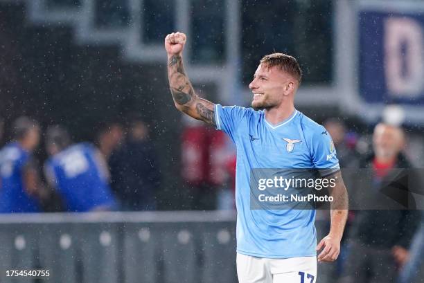 Ciro Immobile of SS Lazio celebrates after scoring first goal during the Serie A Tim match between SS Lazio and ACF Fiorentina at Stadio Olimpico on...