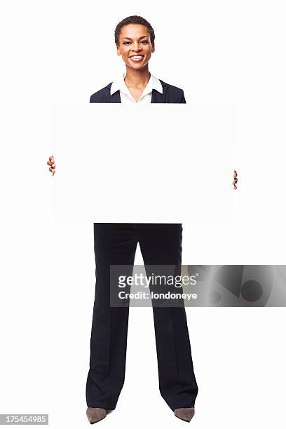 afroamericana empresaria sosteniendo un cartel en blanco placa aislado - person holding blank sign fotografías e imágenes de stock