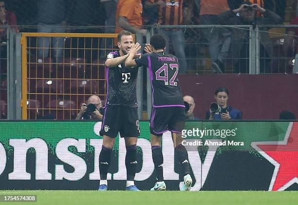 Jamal Musiala of Bayern Munich celebrates after scoring the team's third goalduring the UEFA Champions League match between Galatasaray A.S. And FC...