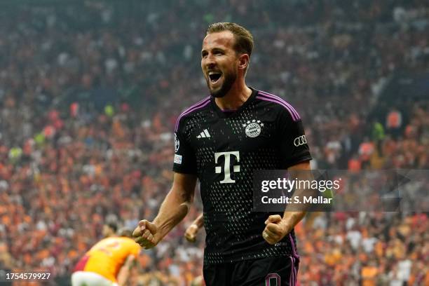 Harry Kane of Bayern Munich celebrates after scoring the team's second goal during the UEFA Champions League match between Galatasaray A.S. And FC...