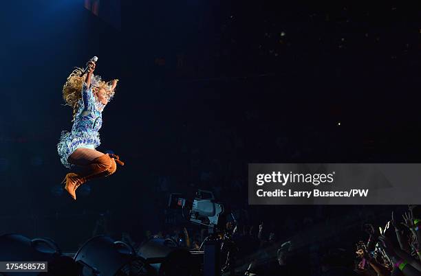 Entertainer Beyonce performs on stage during "The Mrs. Carter Show World Tour" at the Mohegan Sun Arena on August 2, 2013 in Uncasville, Connecticut....