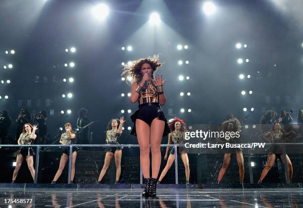 Entertainer Beyonce performs on stage during "The Mrs. Carter Show World Tour" at the Mohegan Sun Arena on August 2, 2013 in Uncasville, Connecticut....