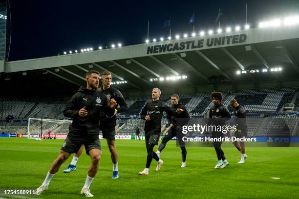 Nico Schlotterbeck and Marco Reus of Borussia Dortmund at training ahead of their UEFA Champions League group match against Newcastle United at St....