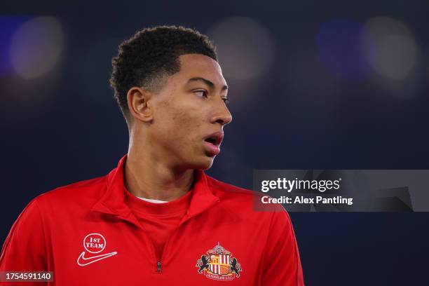 Jobe Bellingham of Sunderland looks on in the warm up prior to the Sky Bet Championship match between Leicester City and Sunderland at The King Power...