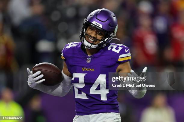 Camryn Bynum of the Minnesota Vikings reacts after intercepting the ball during an NFL football game between the Minnesota Vikings and the San...