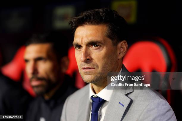 Diego Alonso, Head Coach of Sevilla FC, looks on prior to the UEFA Champions League match between Sevilla FC and Arsenal FC at Estadio Ramon Sanchez...