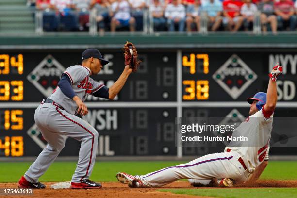 Darin Ruf of the Philadelphia Phillies steals second base as Andrelton Simmons of the Atlanta Braves takes the throw during a game at Citizens Bank...