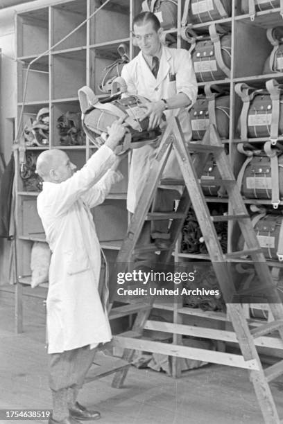 Taking the harness of a parachute at a parachute sewing factory, Germany 1940s.