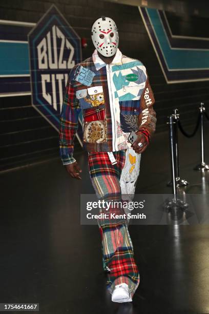 Terry Rozier of the Charlotte Hornets arrives to the arena in a halloween costume before the game against the Brooklyn Nets on October 30, 2023 at...