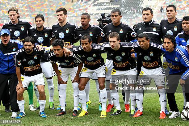 Players of Sporting Cristal pose before a match between Universitario and Sporting Cristal as part of Torneo Descentralizado 2013 at the Estadio...