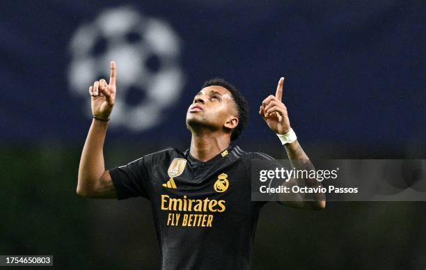 Rodrygo of Real Madrid celebrates after scoring the team's first goal during the UEFA Champions League match between SC Braga and Real Madrid at...