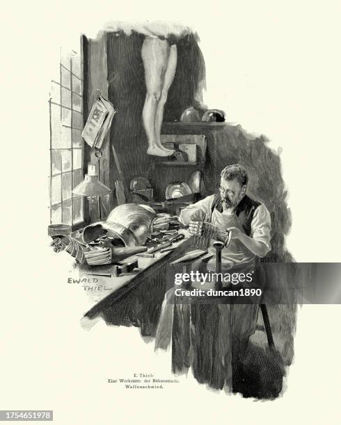 armourer making a gauntlet, workshop for making stage costumes,  german, victorian, 19th century, ewald thiel - traditional craftsman stock illustrations