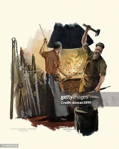 illustrazioni stock, clip art, cartoni animati e icone di tendenza di fabbro che fa spade e armi in una fucina, incudine martello, tedesco, vittoriano, 19 ° secolo - fabbro ferraio