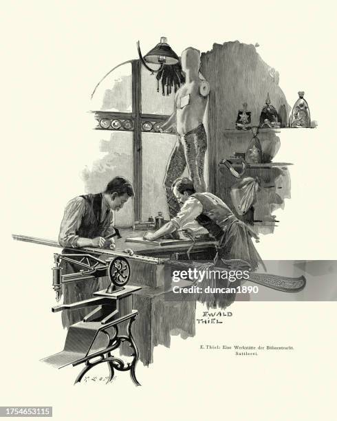craftsmen making armour and weapons, workshop for making stage costumes, german, victorian, 19th century - blacksmith art stock illustrations
