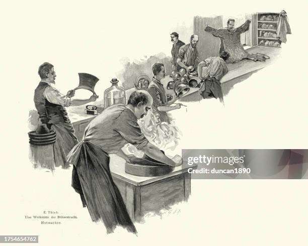 milliner or hatter at work, hat making, workshop for making stage costumes, german, victorian, 19th century - hat maker stock illustrations