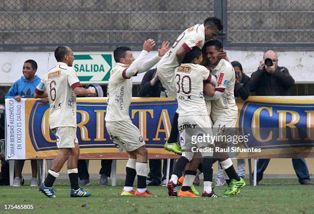Diego Chavez of Universitario celebrates a goal during a match between Universitario and Sporting Cristal as part of Torneo Descentralizado 2013 at...