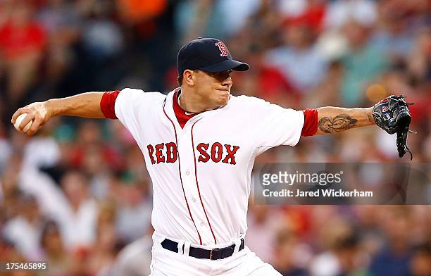 Jake Peavy of the Boston Red Sox pitches against the Arizona Diamondbacks during the game on August 3, 2013 at Fenway Park in Boston, Massachusetts....