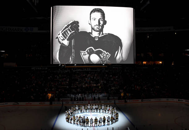 Adam Johnson is remembered before the game between the Pittsburgh Penguins and the Anaheim Ducks at PPG PAINTS Arena on October 30, 2023 in...
