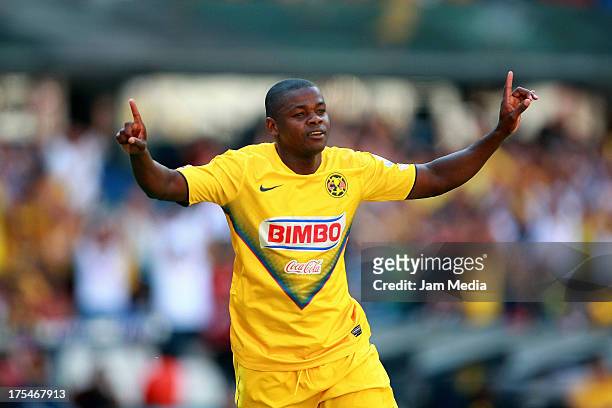 Narciso Mina of America celebrates score a goal against Atlas during a match between America and Atlas as part of the Apertura 2013 Liga Bancomer MX...