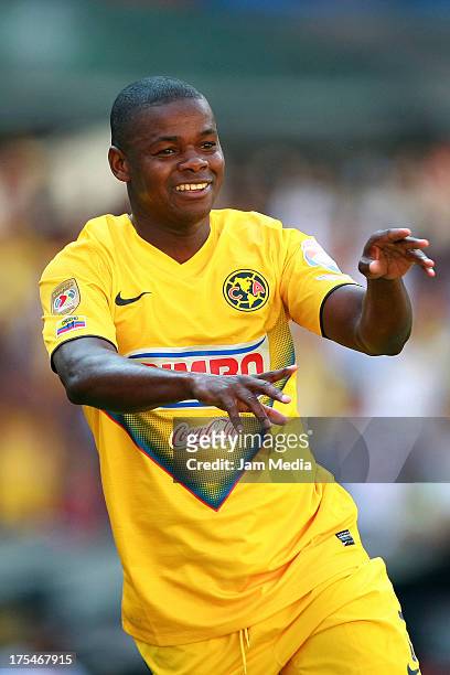 Narciso Mina of America celebrates score a goal against Atlas during a match between America and Atlas as part of the Apertura 2013 Liga Bancomer MX...