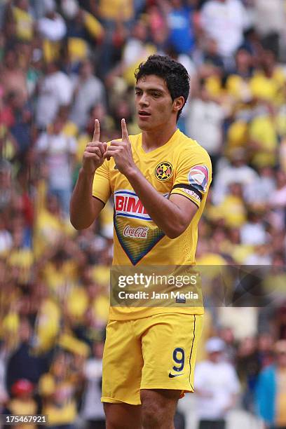 Raul Jimenez of America celebrates score a goal against of Atlas during a match between America and Atlas as part of the Apertura 2013 Liga Bancomer...