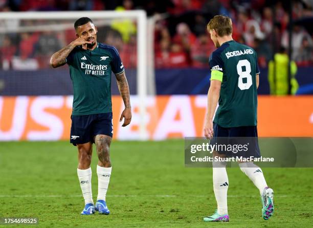 Gabriel Jesus of Arsenal celebrates after scoring the team's second goal during the UEFA Champions League match between Sevilla FC and Arsenal FC at...