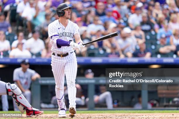 Nolan Jones of the Colorado Rockies hits a home run during the fourth inning of a game against the Minnesota Twins at Coors Field on October 1, 2023...