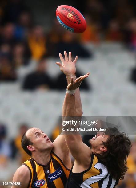 David Hale of the Hawks and Ivan Maric of the Tigers contest for the ball during the round 19 AFL match between the Hawthorn Hawks and the Richmond...