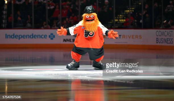 Gritty the mascot of the Philadelphia Flyers skates on the ice prior to an NHL game against the Edmonton Oilers at the Wells Fargo Center on October...