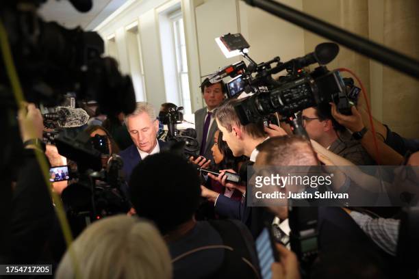 Former U.S. Speaker of the House Kevin McCarthy leaves a House Republican conference meeting in the Longworth House Office Building on Capitol Hill...