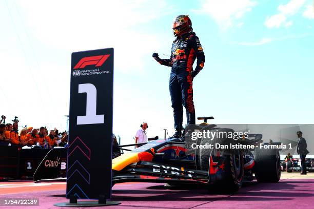 Race winner Max Verstappen of the Netherlands and Oracle Red Bull Racing celebrates in parc ferme following the F1 Grand Prix of United States at...