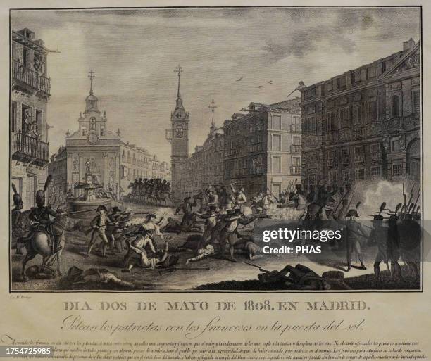 Peninsular War . May 2 Madrid. The patriots fight against the French at the Puerta del Sol, ca.1813. Etching and engraving on paper. By Tomas Lopez...