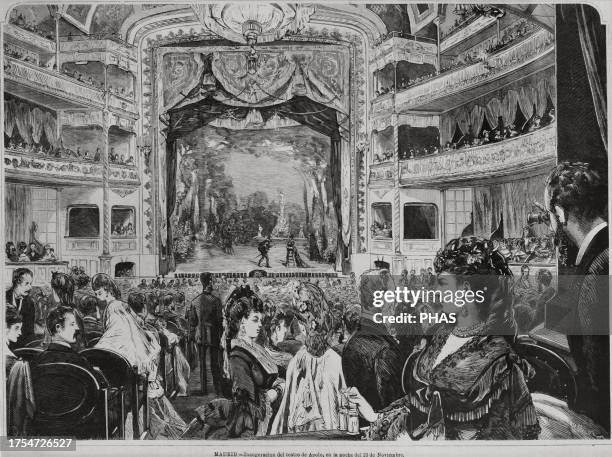 Spain, Madrid. Inauguration of the Apolo Theater on the night of November 23, 1873. Woodcut on paper. Tomas Carlos Capuz and Jose Luis Pellicer .