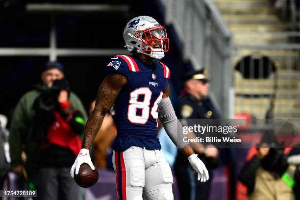 Kendrick Bourne of the New England Patriots reacts during a game against the Buffalo Bills at Gillette Stadium on October 22, 2023 in Foxborough,...